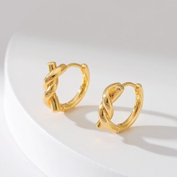 Gold Plated hoop earrings, round twist huggies earrings one pair JWDHJ28