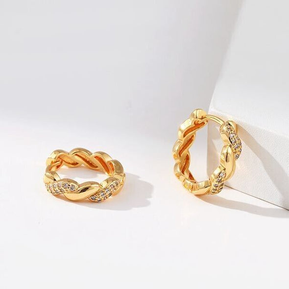 Gold Plated hoop earrings, round CZ twist huggies earrings one pair JWDHJ41