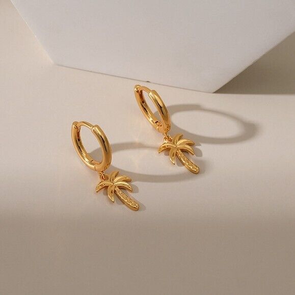 Gold Plated hoop earrings,  coconut tree huggies earrings one pair JWDHJ50