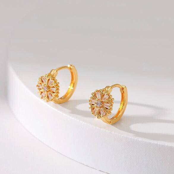 Gold Plated hoop earrings, round CZ Flower huggies earrings one pair JWDHJ39
