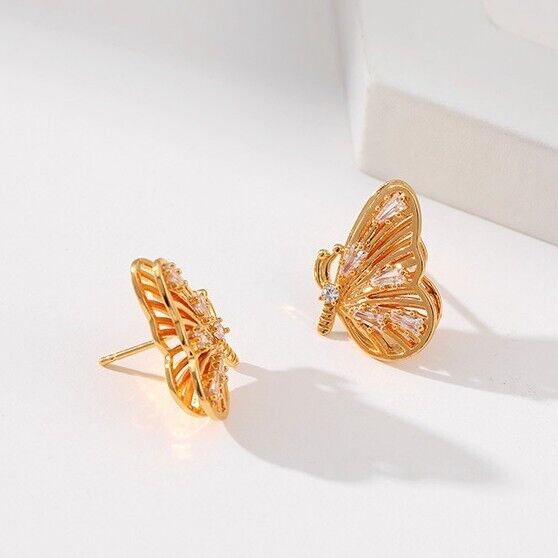 Gold Plated stud earrings, CZ butterfly earrings one pair JWDHJ53