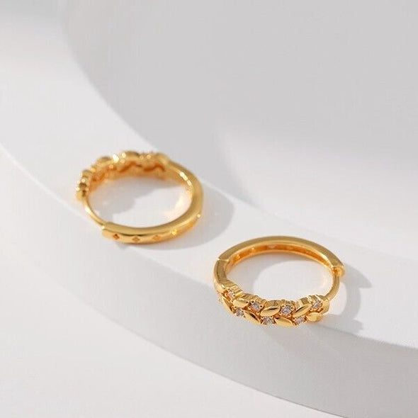 Gold Plated hoop earrings, round CZ leaves huggies earrings one pair JWDHJ44