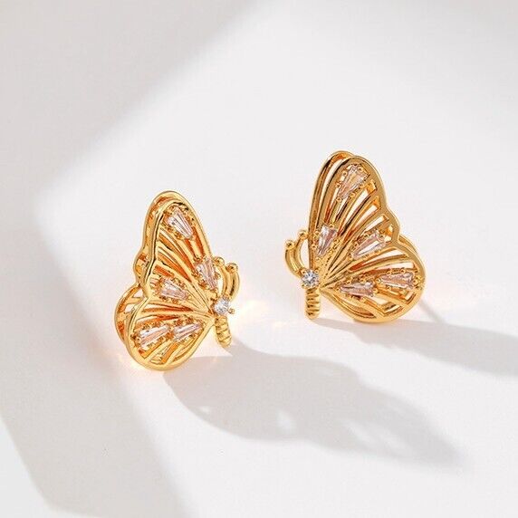 Gold Plated stud earrings, CZ butterfly earrings one pair JWDHJ53