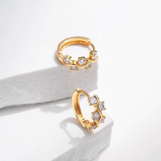Gold Plated hoop earrings, CZ flower huggies earrings one pair JWDHJ73