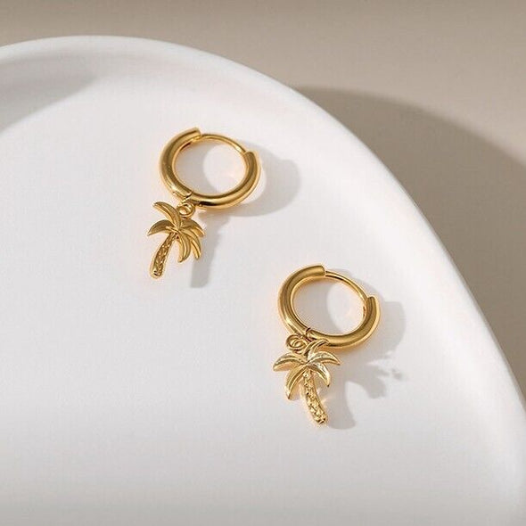 Gold Plated hoop earrings,  coconut tree huggies earrings one pair JWDHJ50
