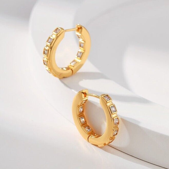 Gold Plated hoop earrings, round CZ huggies earrings one pair JWDHJ45
