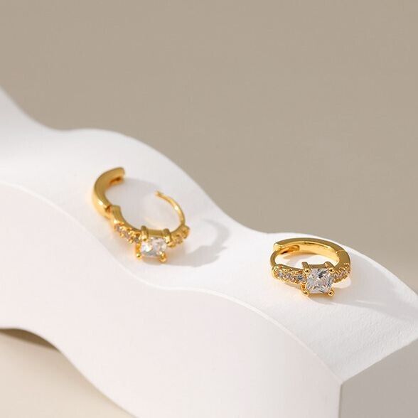 Gold Plated hoop earrings, CZ flower huggies earrings one pair JWDHJ23