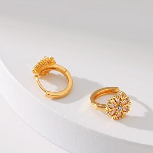 Gold Plated hoop earrings, round CZ Flower huggies earrings one pair JWDHJ39