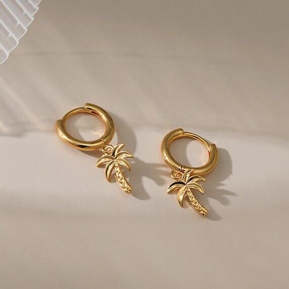 Gold Plated hoop earrings,  coconut tree huggies earrings one pair JWDHJ50