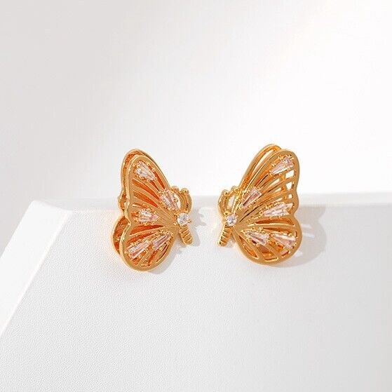 Gold Plated stud earrings, CZ butterfly earrings one pair JWDHJ53