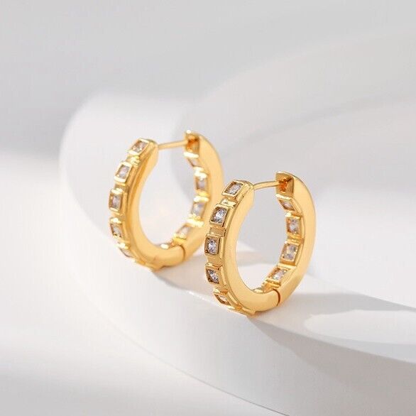 Gold Plated hoop earrings, round CZ huggies earrings one pair JWDHJ45