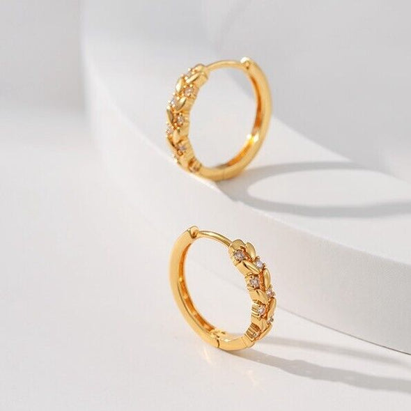 Gold Plated hoop earrings, round CZ leaves huggies earrings one pair JWDHJ44