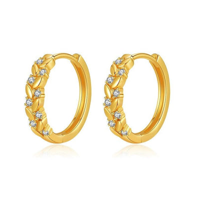 Gold Plated hoop earrings, round CZ leaves huggies earrings one pair JWDHJ44