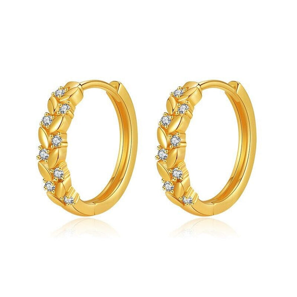Gold Plated hoop earrings, round CZ leaves huggies earrings one pair JWDHJ44
