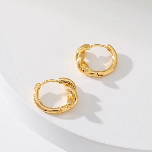 Gold Plated hoop earrings, round twist huggies earrings one pair JWDHJ28