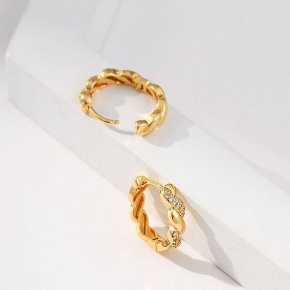 Gold Plated hoop earrings, round CZ twist huggies earrings one pair JWDHJ41
