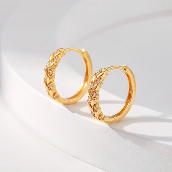 Gold Plated hoop earrings, round CZ leaves huggies earrings one pair JWDHJ44