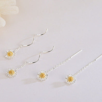Sterling Silver S925 Daisy Flower Wave Threader Earrings, Tiny Earrings, Dainty Earrings Delicate Earrings, Everyday Jewelry 40mm LongYCZ406