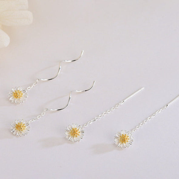 Sterling Silver S925 Daisy Flower Wave Threader Earrings, Tiny Earrings, Dainty Earrings Delicate Earrings, Everyday Jewelry 40mm LongYCZ406