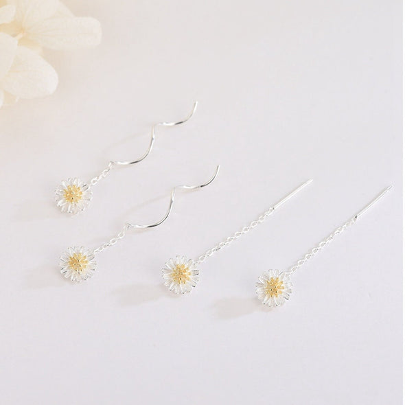 Sterling Silver S925 Daisy Flower Wave Threader Earrings, Tiny Earrings, Dainty Earrings Delicate Earrings, Everyday Jewelry 40mm LongYCZ406
