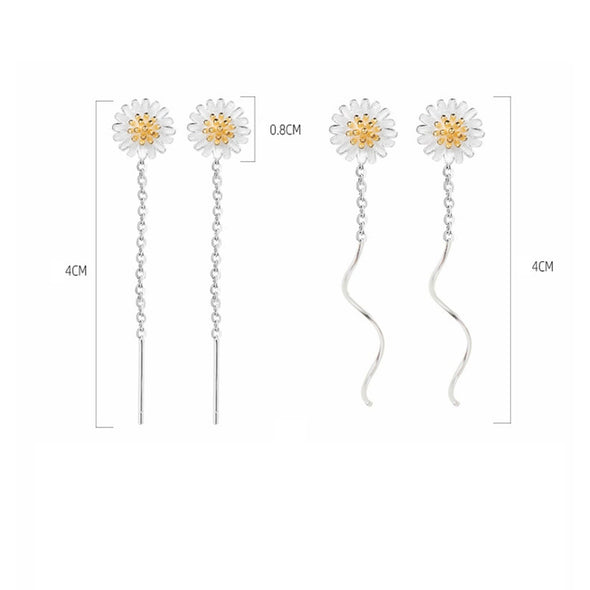 Sterling Silver S925 Daisy Flower Wave Threader Earrings, Tiny Earrings, Dainty Earrings Delicate Earrings, Everyday Jewelry 40mm LongYCZ406