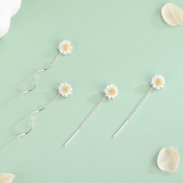 Sterling Silver S925 Daisy Flower Wave Threader Earrings, Tiny Earrings, Dainty Earrings Delicate Earrings, Everyday Jewelry 40mm LongYCZ406