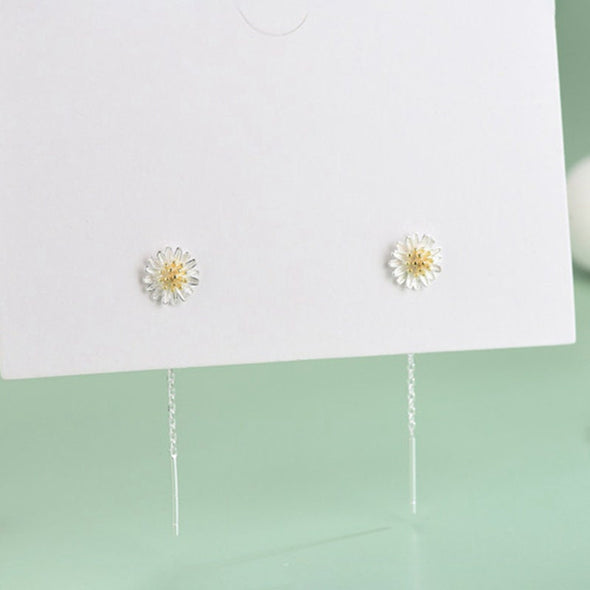 Sterling Silver S925 Daisy Flower Wave Threader Earrings, Tiny Earrings, Dainty Earrings Delicate Earrings, Everyday Jewelry 40mm LongYCZ406