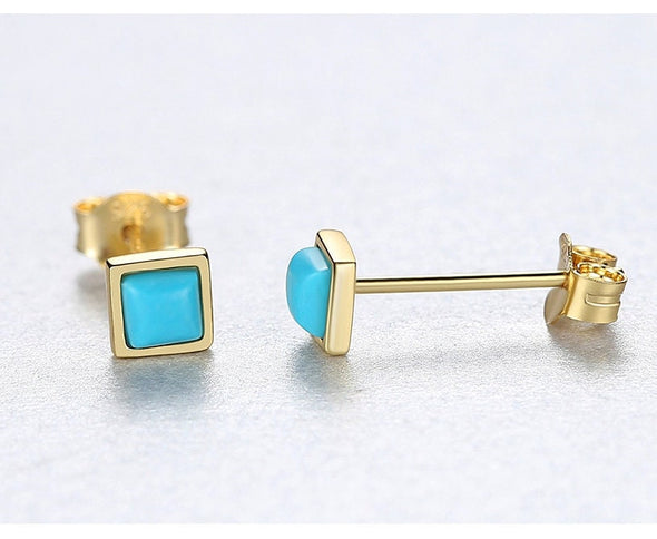 1 Pair Vermeil Sterling Silver, Genuine Turquoise Square Stud Earrings, Tiny Bezel Earrings, Dainty Earrings, Minimal Stud. YCZ1009