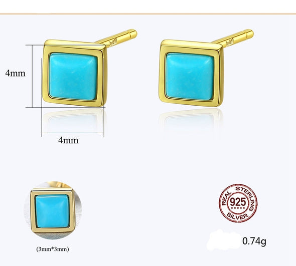 1 Pair Vermeil Sterling Silver, Genuine Turquoise Square Stud Earrings, Tiny Bezel Earrings, Dainty Earrings, Minimal Stud. YCZ1009