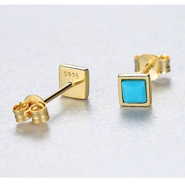 1 Pair Vermeil Sterling Silver, Genuine Turquoise Square Stud Earrings, Tiny Bezel Earrings, Dainty Earrings, Minimal Stud. YCZ1009