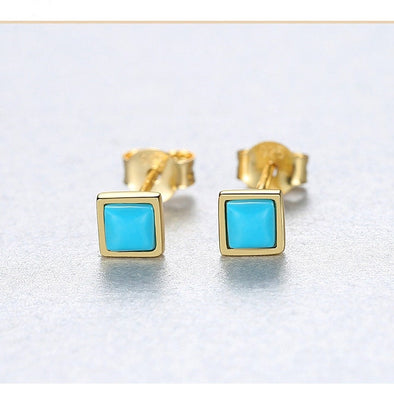 1 Pair Vermeil Sterling Silver, Genuine Turquoise Square Stud Earrings, Tiny Bezel Earrings, Dainty Earrings, Minimal Stud. YCZ1009
