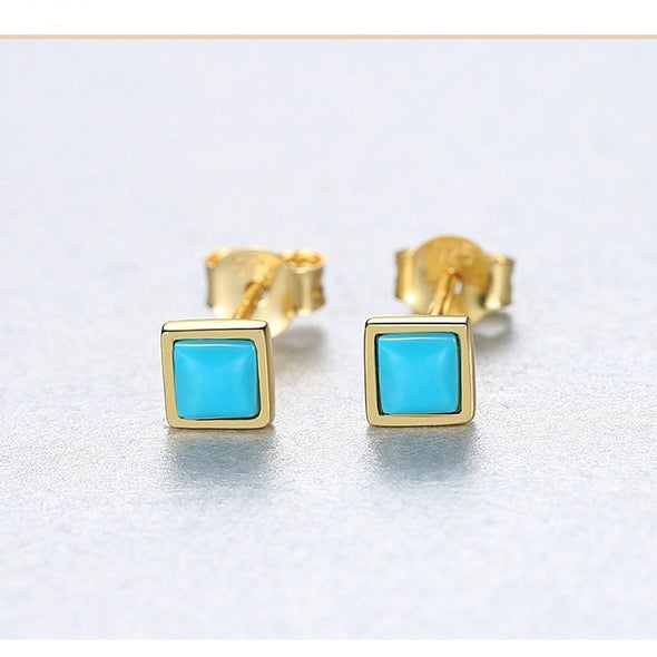 1 Pair Vermeil Sterling Silver, Genuine Turquoise Square Stud Earrings, Tiny Bezel Earrings, Dainty Earrings, Minimal Stud. YCZ1009