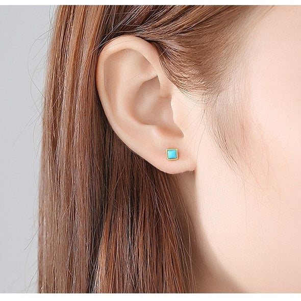 1 Pair Vermeil Sterling Silver, Genuine Turquoise Square Stud Earrings, Tiny Bezel Earrings, Dainty Earrings, Minimal Stud. YCZ1009