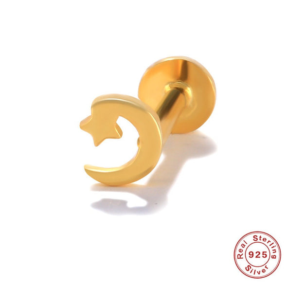 1PC/1 Pair Solid Sterling Silver Vermeil Tiny Moon And Star Flat Back internally threaded earrings, Conch Cartilage Helix Stud, 16g YCZ893