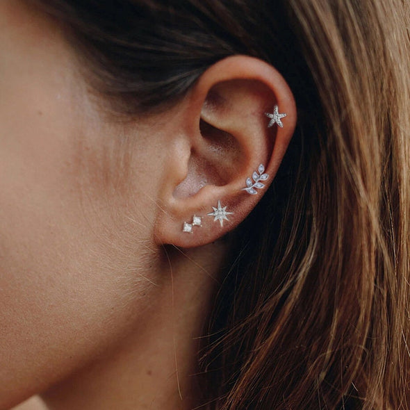 Sterling Silver CZ Micro Pave Leaf Stud Earrings, Cubic Zirconia Cartilage Piercing, Screw Back Minimal Stud, 18Gauge 6X10mm YCZ814