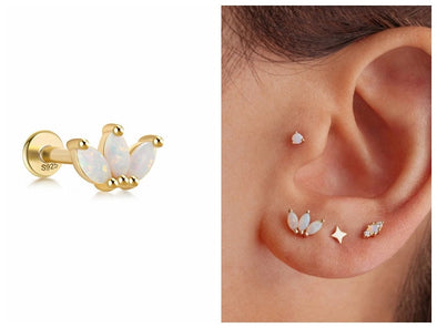 Solid Sterling Silver, Vermeil Opal Bead Marquise Flat Back internally threaded Labret Earrings,Conch Cartilage Helix Tragus Stud 16g YCZ201