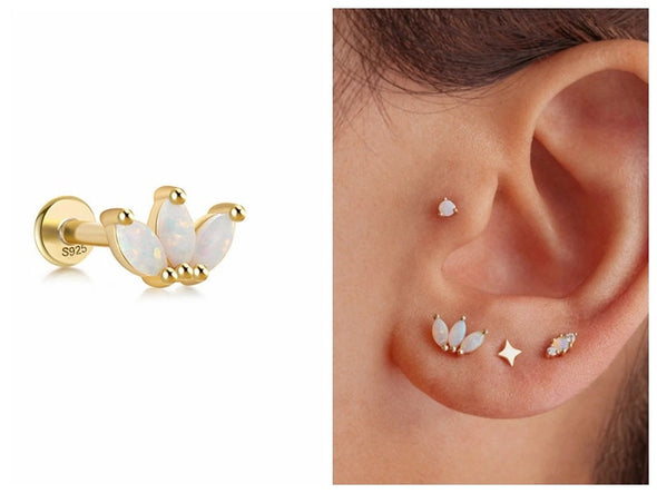 Solid Sterling Silver, Vermeil Opal Bead Marquise Flat Back internally threaded Labret Earrings,Conch Cartilage Helix Tragus Stud 16g YCZ201