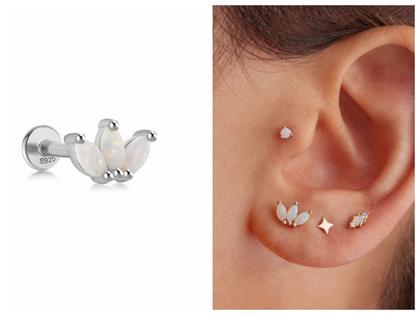 Solid Sterling Silver, Vermeil Opal Bead Marquise Flat Back internally threaded Labret Earrings,Conch Cartilage Helix Tragus Stud 16g YCZ201