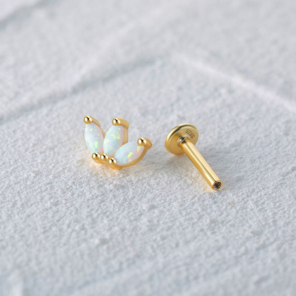 Solid Sterling Silver, Vermeil Opal Bead Marquise Flat Back internally threaded Labret Earrings,Conch Cartilage Helix Tragus Stud 16g YCZ201
