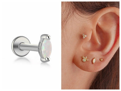 Solid Sterling Silver, Vermeil Opal Bead HorseEye Flat Back internally threaded Labret Earrings,Conch Cartilage Helix Tragus Stud 16g YCZ202