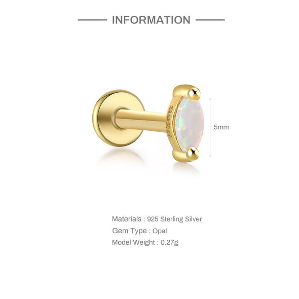 Solid Sterling Silver, Vermeil Opal Bead HorseEye Flat Back internally threaded Labret Earrings,Conch Cartilage Helix Tragus Stud 16g YCZ202