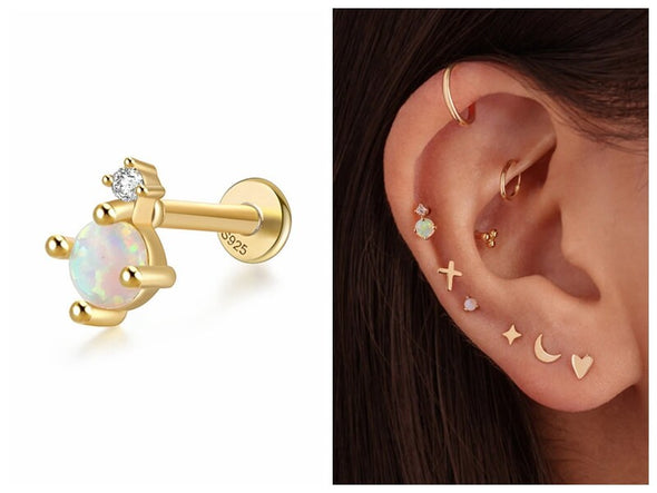 Solid Sterling Silver, Vermeil Opal Bead Flat Back internally threaded Labret Earrings,Conch Earring, Cartilage Helix Tragus Stud 16g YCZ203