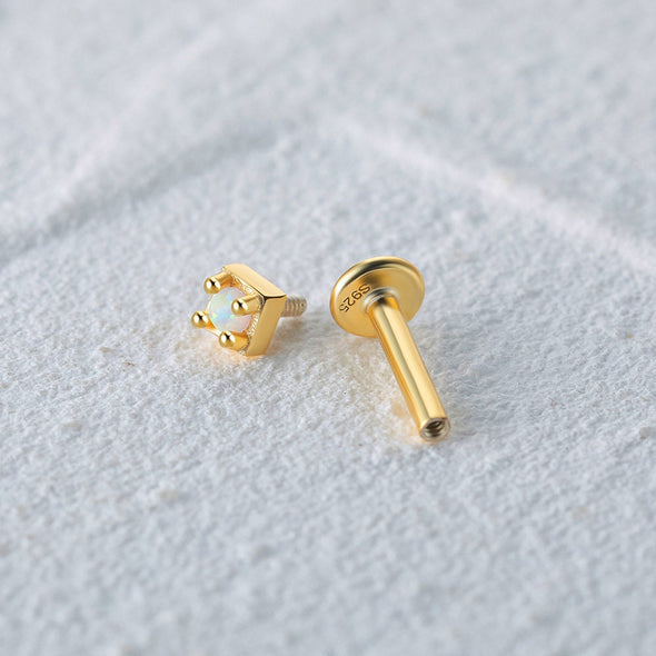 Solid Sterling Silver, Vermeil Tiny Opal Bead Flat Back internally threaded Labret Earrings, Conch Cartilage Helix Tragus Stud 16g YCZ204