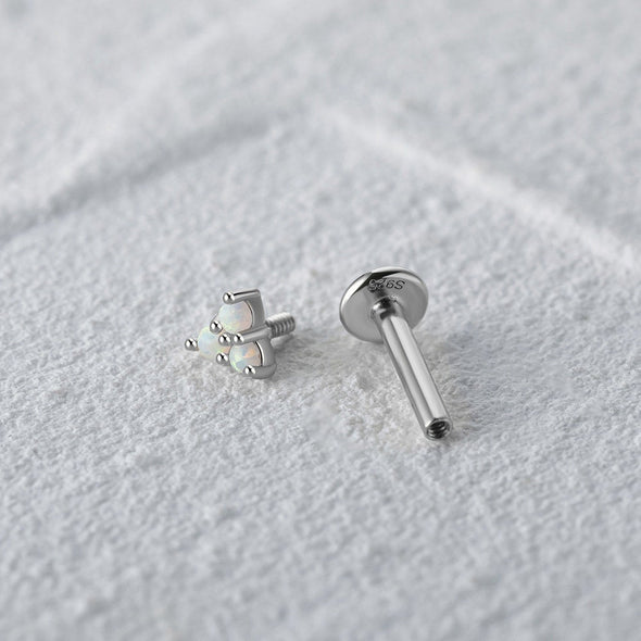 Solid Sterling Silver, Vermeil Tiny Opal Bead Triangle Flat Back internally threaded Labret earring, Conch Cartilage Helix Tragus 16g YCZ205