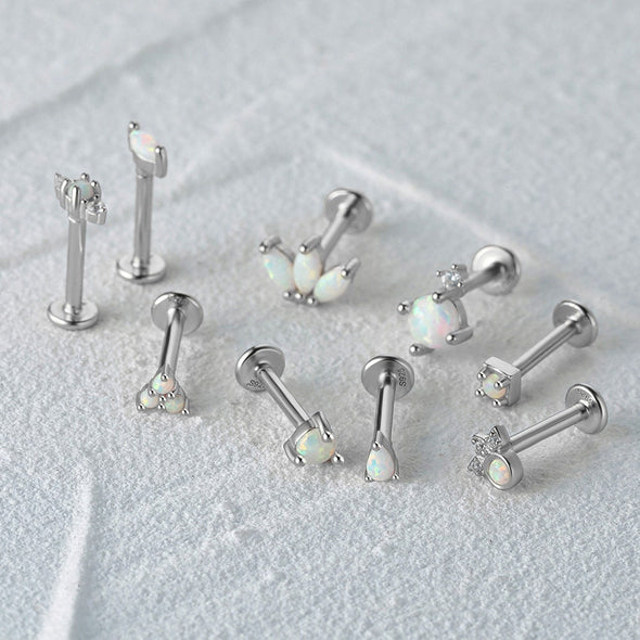 Solid Sterling Silver, Vermeil Tiny Opal Bead Triangle Flat Back internally threaded Labret earring, Conch Cartilage Helix Tragus 16g YCZ205