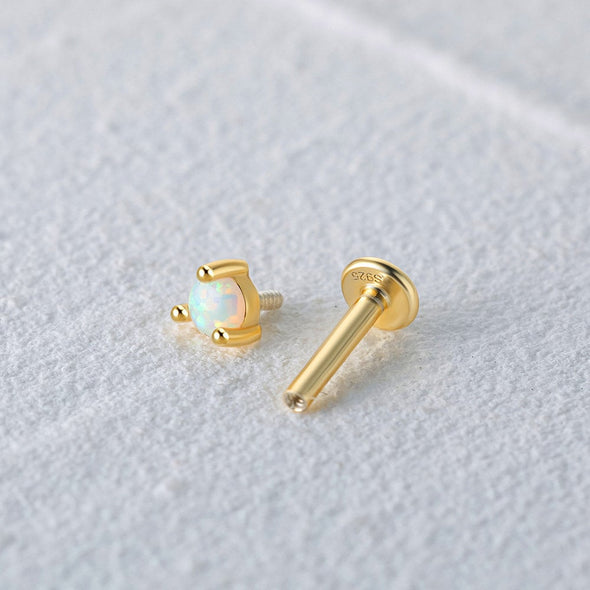 Solid Sterling Silver, Vermeil Opal Bead Flat Back internally threaded earring Labret Earrings, Conch Cartilage Helix Tragus Stud 16g YCZ207