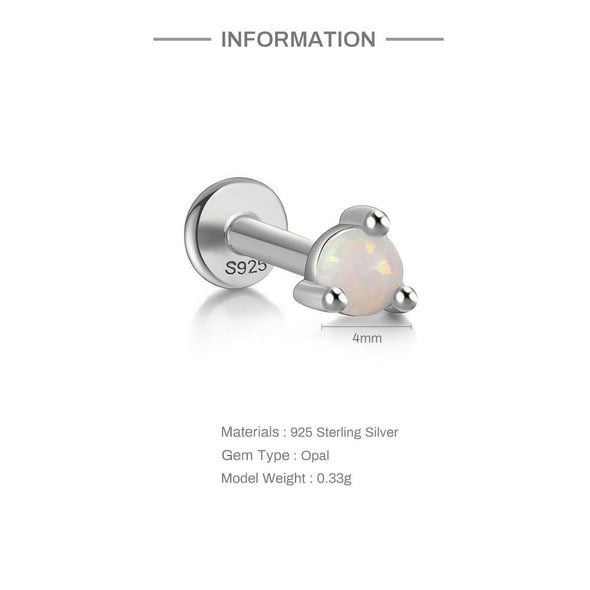 Solid Sterling Silver, Vermeil Opal Bead Flat Back internally threaded earring Labret Earrings, Conch Cartilage Helix Tragus Stud 16g YCZ207