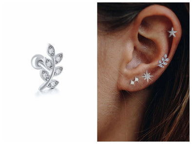 Sterling Silver CZ Micro Pave Leaf Stud Earrings, Cubic Zirconia Cartilage Piercing, Screw Back Minimal Stud, 18Gauge 6X10mm YCZ814