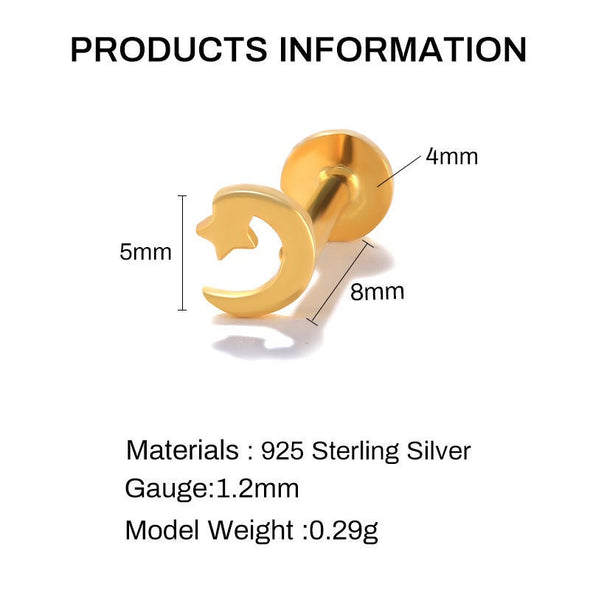 1PC/1 Pair Solid Sterling Silver Vermeil Tiny Moon And Star Flat Back internally threaded earrings, Conch Cartilage Helix Stud, 16g YCZ893