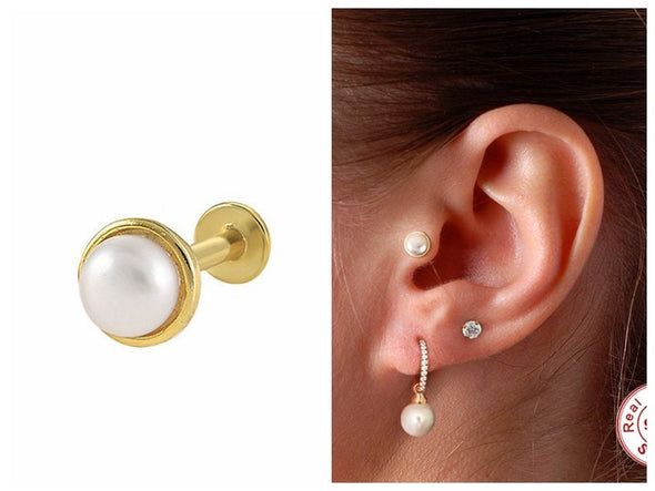 1PC/1 Pair Vermeil Solid Sterling Silver Vermeil Freshwater Pearl internally threaded earring, Conch Earring, Cartilage Stud, 16g YCZ889